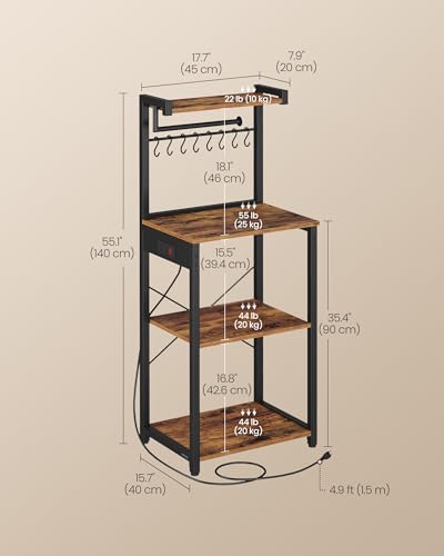 VASAGLE BARNET Collection - Kitchen Bakers Rack with Power Outlet, 17.7-Inch Wide Coffee Bar 4-Tier with 8 S Hooks, Modern Microwave Stand, Adjustable Shelf, Rustic Brown and Ink Black UKKS013KD01 - color: Rustic Brown + Ink Black, size: 17.7"W