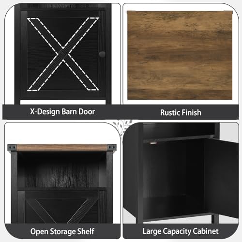 Black Farmhouse Nightstand, Side Table, End Table with Barn Door and Shelf, Rustic Modern Bed Night Stand for Bedroom, Living Room - color: Black