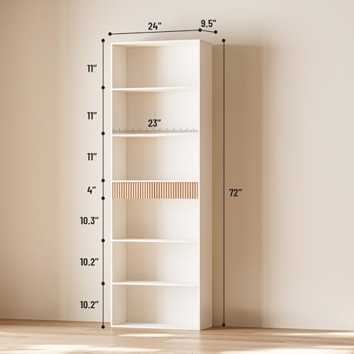 INNOD 72" Tall Bookshelf with Storage, 7-Tier Bookcase Fluted with Drawer, Display Book Shelf Book Organizer with Anti-tip Device, Home Decor Wood Furniture for Bedroom, Living Room and Office, White