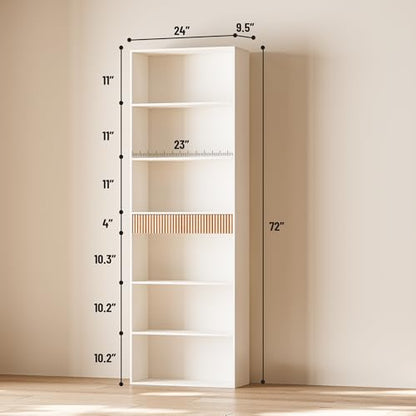 INNOD 72" Tall Bookshelf with Storage, 7-Tier Bookcase Fluted with Drawer, Display Book Shelf Book Organizer with Anti-tip Device, Home Decor Wood Furniture for Bedroom, Living Room and Office, White
