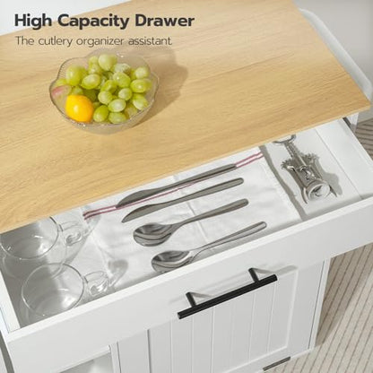 HOOBRO Kitchen Island with Trash Can Storage, Rolling Kitchen Island on Wheels, Kitchen Storage Island with Power Outlet, Mobile Islands Table for 10 Gallon Garbage Bin, Natural and White WN80UZD01G1 - color: Natural + White