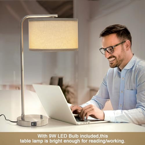 Table Lamp for Living Room, Modern Bedside Lamp with USB C+A Ports, Fully Dimmable Nightstand Lamp with Beige Drum Shade, Silver Finish Side Table Lamp for Bedroom Office, 3000K LED Bulb Included - color: Silver