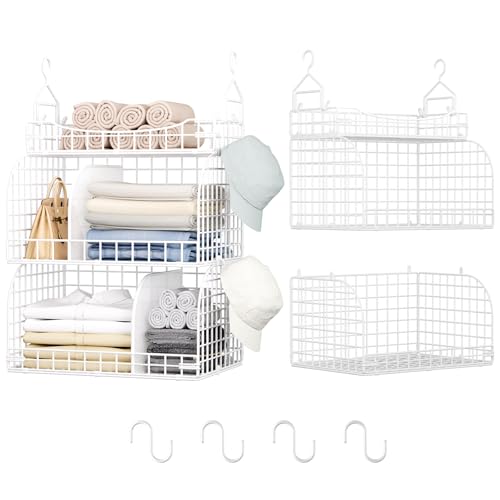 HapiRm Hanging Closet Organizer Storage - 3 Tier Metal Stackable Hanging Closet Shelves with Dividers and S Hooks, Foldable Clothes Shelves for Clothes, Pants, Shoes, Coat, Hats Clutches Accessories - color: White, size: 3-Tier