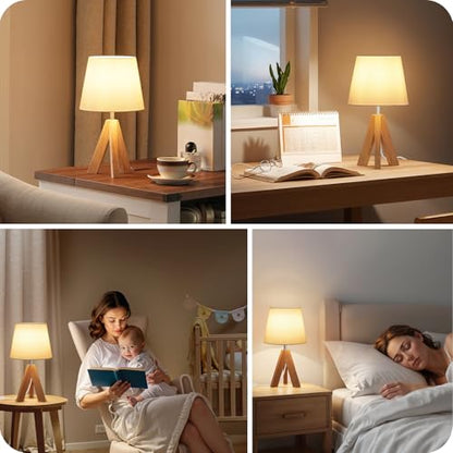 Small Tripod Table Lamp, Modern Nightstand Lamp with Fabric Shade, Boho Bedside Wood Desk Light for Bedroom, Kids Room, Living Room, Office, Study, White, W51TL05 - color: White+Natural Wood