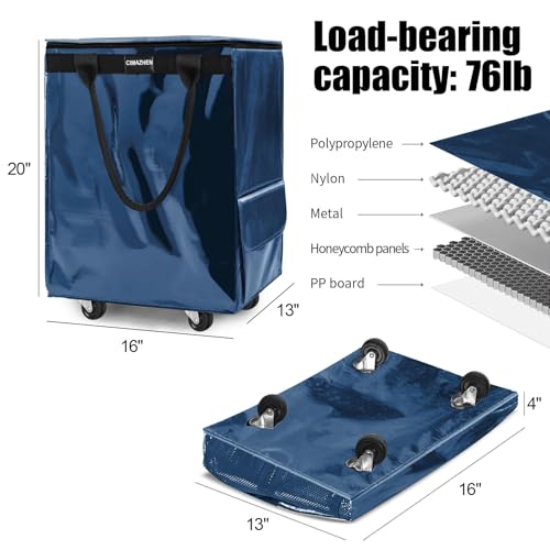 Reusable Grocery Bag Tote Bag with Wheels, Foldable Rolling Tote Bag with 3 Handles and Zipper - color: Navy Blue, size: Medium