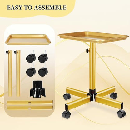 Salon Tray on Wheels, Gold Salon Rolling Tray with Adjustable Height | Tattoo Rolling Tray,Hair Stylist Tray, Suitable for Tattoo Tray and Dental Tray - color: Golden
