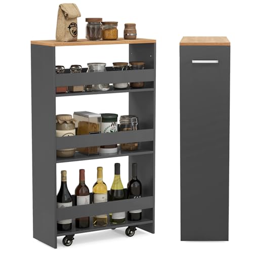 4-Tier Rolling Storage Cart, 8 Inches Slim Kitchen Cart on Wheels with Open Shelves & Handle, Laundry Room Cart Between Washer and Dryer, for Narrow Space Bathroom Next to Fridge (Grey & Natural) - color: Grey & Natural