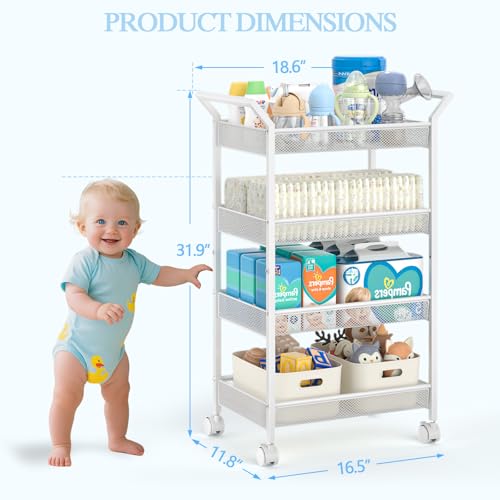 Baby Diaper Caddy Cart, 4-Tier Diaper Caddy Organizer and Storage, Rolling Utility Cart for Baby Supplies, Diaper Cart with Wheels for Bedroom, Nursery, Changing Table, White