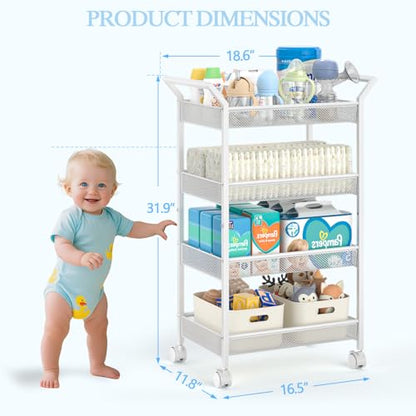 Baby Diaper Caddy Cart, 4-Tier Diaper Caddy Organizer and Storage, Rolling Utility Cart for Baby Supplies, Diaper Cart with Wheels for Bedroom, Nursery, Changing Table, White