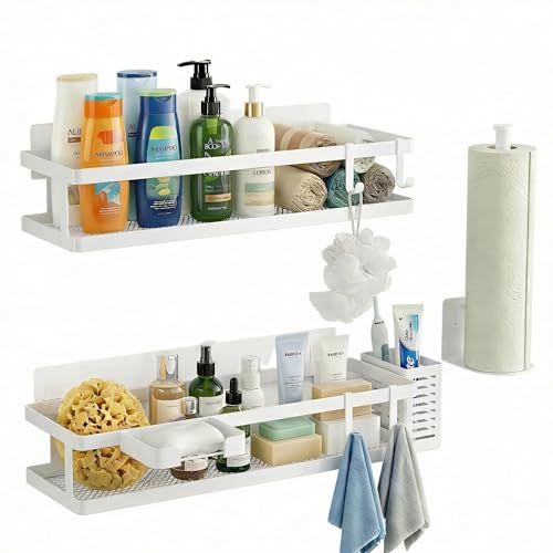 PUSDON 5-in-1 16.5" Extra Long Kitchen Organizer & Shower Caddy Set, Wall Mount Spice Rack with Paper Towel Holder, Utensil Holder & Soap Dish, Rustproof Mesh - White, Guardrail - color: White, size: 5-in-1 Minimalist (16.5" Extra Long)