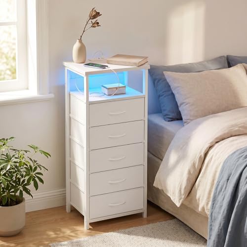 Fixwal Tall Nightstand with Charging Station and LED Lights, Night Stand with PU Finish Fabric Storage Drawers, 5 Drawer Dresser, White - color: White, size: 39.3"H (5 drawers), style: Power+Light (1pc)