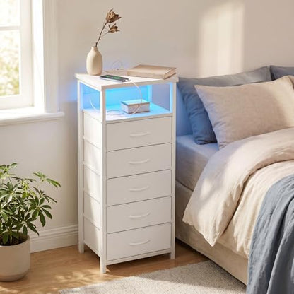 Fixwal Tall Nightstand with Charging Station and LED Lights, Night Stand with PU Finish Fabric Storage Drawers, 5 Drawer Dresser, White - color: White, size: 39.3"H (5 drawers), style: Power+Light (1pc)