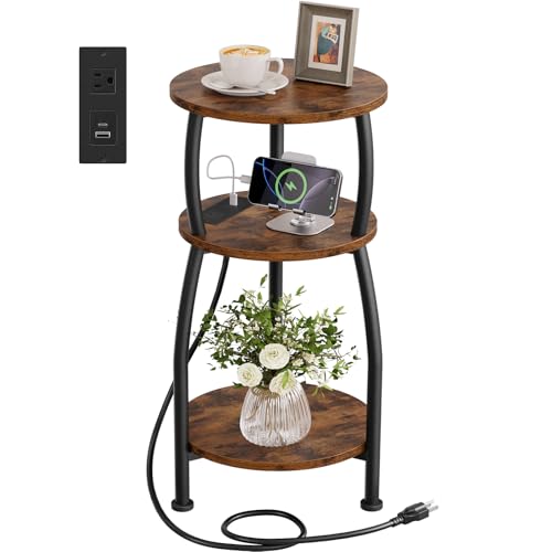 Round Side Table with Charging Station, Small Spaces Nightstand | 3-Tier End Table Beside Sofa Couch, Type C & USB Ports, Small Accent Table for Living Room, Bedroom, Dorm, Rustic Brown - color: Rustic Brown, size: 11.8''Dia with Power Strip