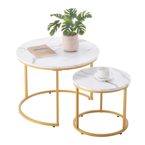 VEVOR Nesting Coffee Table Set of 2, 23.6 in Round Coffee Table, Nesting Tables for Small Place, Vintage End Side Tables Night Stand with Metal Frame, for Living Room, Bedroom, Office (White & Gold) - color: White
