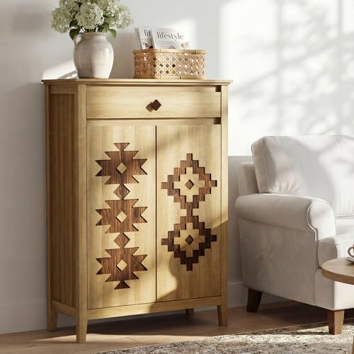 5-Tier Shoe Cabinet with Drawers, Wooden Shoe Storage Cabinet with Adjustable Shelves,Simple Tribal Style Freestanding Walnut Shoe Cabinet Suitable for Entrance,Corridor,Cloakroom,Natural（1pcs）