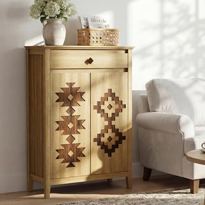 5-Tier Shoe Cabinet with Drawers, Wooden Shoe Storage Cabinet with Adjustable Shelves,Simple Tribal Style Freestanding Walnut Shoe Cabinet Suitable for Entrance,Corridor,Cloakroom,Natural（1pcs）