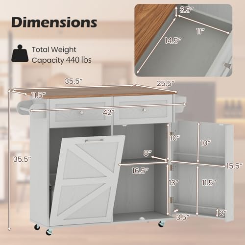 Giantex Kitchen Island Cart with Hidden Tilt Out Trash Can Cabinet, Drop Leaf, 2 Drawers, Towel Rack, Rolling Mobile Breakfast Bar Table, Wood Kitchen Storage Cart on Wheels (Grey & Natural) - color: Grey