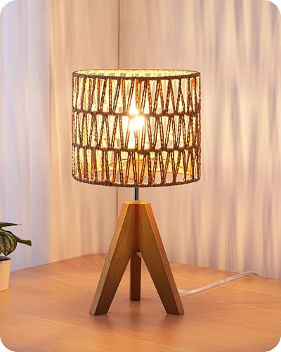 EDISHINE Small Table Lamp, Rattan Wood Tripod Bedside Lamp, Boho Nightstand Lamp for Living Room, End Table, Office, E26 Base, Natural Style - color: Rosewood Color&W-pattern Shade