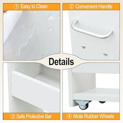MARTY Wood Rolling Storage Cart 7.9" W, 3 Tier White Slim Utility Kitchen Cart on Wheels Laundry Room Bathroom Organizers Narrow Shelves with Handle Mobile Shelving Unit for Small Places - color: White