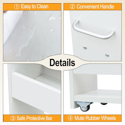 MARTY Slim Rolling Storage Cart 7.9" W Laundry Cart with Wheels,Wood, White | Narrow Utility Cart Between Washer and Dryer, 3 Tier Mobile Shelving Unit for Kitchen, Laundry, Bathroom, Office, Living Room - color: White