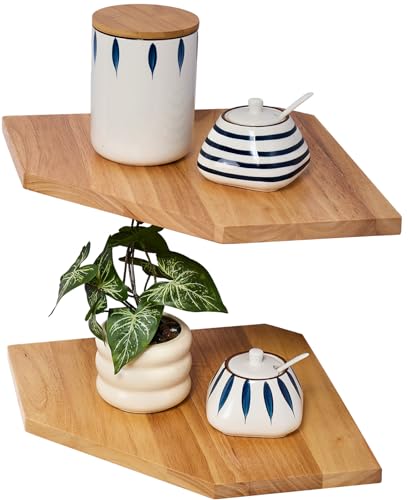 Corner Wall Shelves, Corner Floating Shelves Set of 2 Solid Oak Wood Display Shelf with Wire Hole Small Plant for Kitchen Living Room - color: Natural Wood, size: 11.2inch(2PCS)