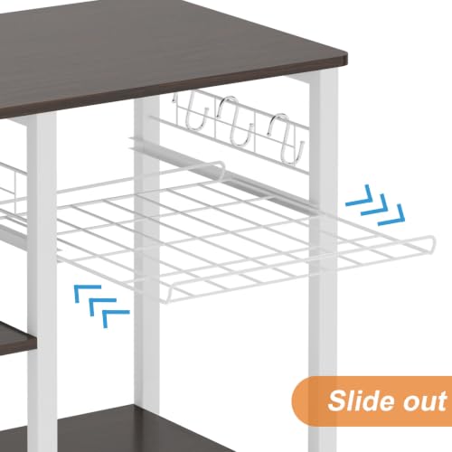 soges 3-Tier Kitchen Baker's Rack, Compact Microwave Stand, Walnut Black | Space-saving for Apartments, Kitchen, Pantry, Living Room, Sliding Storage Basket, 5 Hooks, Sturdy X-Frame, Easy Assembly - color: Walnut Black
