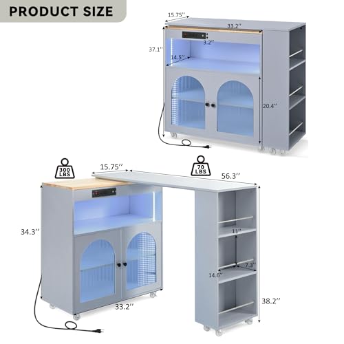 Rolling Kitchen Island with Extendable Swivel Table and Power Outlet, Kitchen Island on Wheels with Storage Cabinet, Fluted Glass Doors and Open Shelves for Small Spaces, Grey-Blue - color: Grey-blue