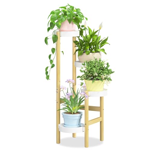 iDavosic.ly 4 Tier Bamboo Plant Stand Indoor Outdoor with Plastic Tray, Tiered Corner Flower Holder Shelf, Space Saving Orchid Display Rack for Patio Porch Living Room Garden Balcony, Natural White - color: Natural, size: 4 Tiers