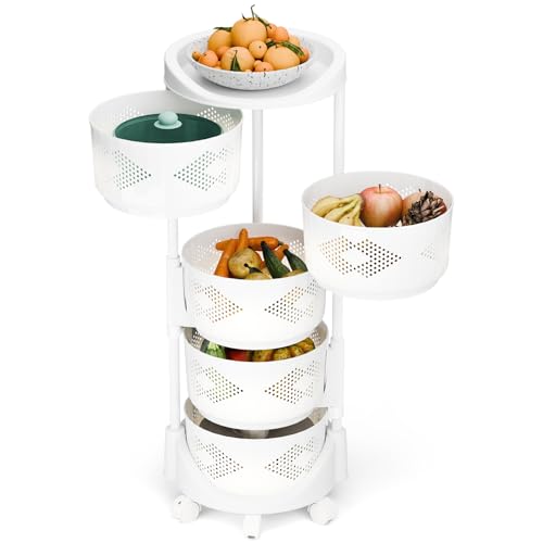 5 Tier Kitchen Storage Cart, Circular Rotating Basket, Storage Rack with 360 Degree Wheels, Fruit And Vegetable Storage, Fruit Vegetable Shelf, Rotatable Basket for Kitchen Bathroom White Five Layers