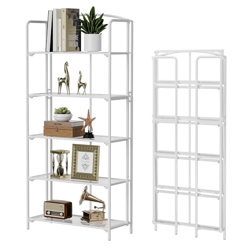Crofy 5-Tier Wider Foldable Bookshelf, White Frame & Transparent Shelves | Collapsible Portable Storage Organizer; Sturdy Transparent Shelves; Ideal for Living Room & Home Office - color: White Frame & Transparent Shelf, size: 5 Tier Wider