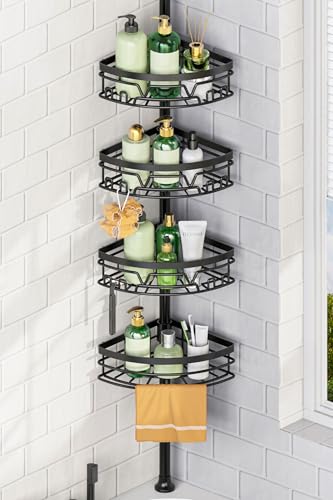 DAOYA Tension Pole Shower Caddy with Towel Bar - Corner Shower Caddy, Black | Tension Rod Shower Caddy, 4-Tier, 12 Side Hooks, Adjustable, Floor to Ceiling 25-114 Inch, For Bathroom Bathtub Living Room - color: Black-4p