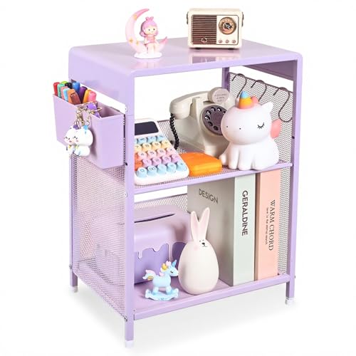 Purple Nightstand, End Table with Hooks and Holder, Kids Nightstand for Bedroom, Toddler Bedside Table, Small Desk for Girls, Coffee Table for Living Room, Dorm, Office (Purple) - color: Purple