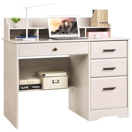 Catrimown Computer Desk with Drawers and Hutch, Farmhouse Home Office Desk, Wood Student Desk with File Drawer for Bedroom, Writing Table for Small Space, Warm White - color: Warm White