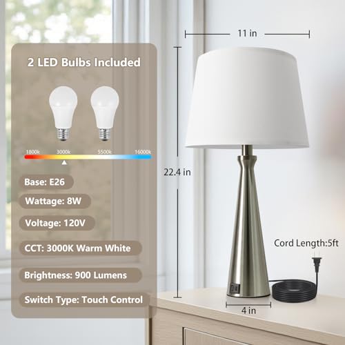 Seealle Modern Table Lamps Set of 2 - Touch Bedside Lamp for Nightstand with Dual USB C+A,3-Way Dimmable Silver Nightstand Lamps for Living Room Bedroom End Table with White Shade(Bulb Included) - color: C. Silver-White