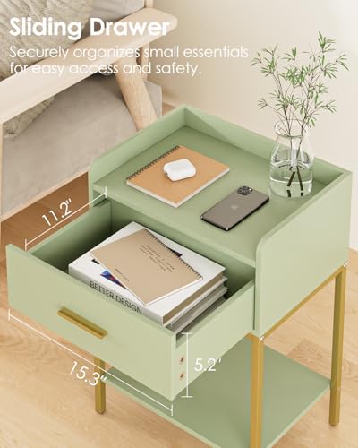 Nightstand,Modern Bedside Table Night Stand with Storage Drawer and Open Shelf,Small End Side Table for Bedroom,Living Room,Green - color: Green