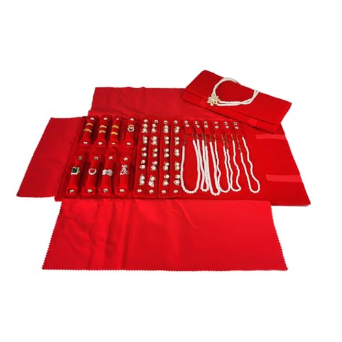 Velvet Travel Jewelry Case Roll Bag Organizer for Necklace Bracelet Earrings Ring (Black) (Red) - color: Red