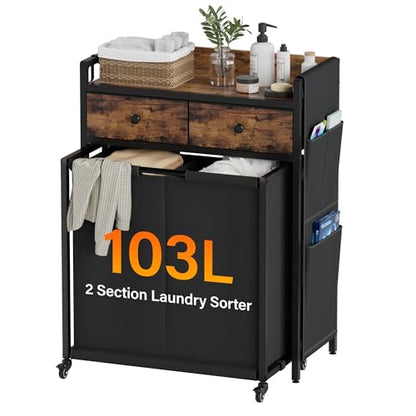 Laundry Hamper Basket: 2 Section Laundry Sorter with Wheels and Shelf - Rolling Laundry Basket Organizer with Shelf Drawers and Pull-Out Cart - Clothes Hamper for Laundry Room Bathroom Bedroom