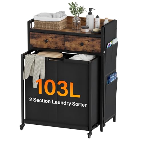 Laundry Hamper Basket: 2 Section Laundry Sorter with Wheels and Shelf - Rolling Laundry Basket Organizer with Shelf Drawers and Pull-Out Cart - Clothes Hamper for Laundry Room Bathroom Bedroom