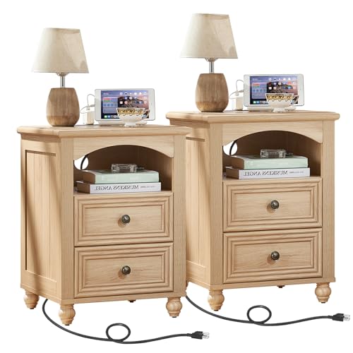 RWYHG 18" Night Stand Set 2 with Charger Station, Nightstand with 2 Drawers | Farmhouse Modern Bedside Table, Open Storage Shelf, Solid Wood Legs, Bed Side End Tables for Bedroom Living Room (Natural) - color: Natural, size: 18"D x 18"W x 24"H (2 Drawers)