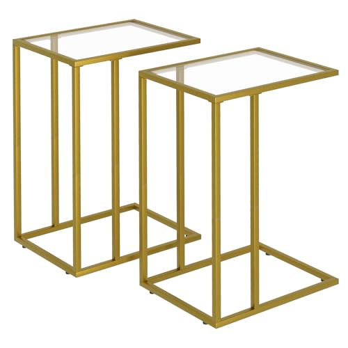 C Shaped End Side Table Set of 2,Couch Sofa Table for Small Space,Tempered Glass Snack Side Table with Metal Frame for Living Room, Bedroom, Bedside, Modern Style, Gold - color: Gold - Clear Glass, size: 2 PCS