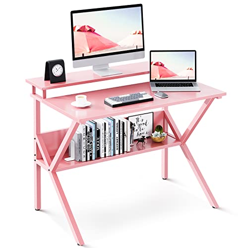 ODK Small Desk, 27.5 Inch Computer Desk for Small Spaces, Study Desk with Storage & Monitor Stand, Pink - color: Pink