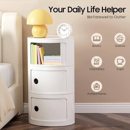 3 Tier Round Bedside Table, Round Storage Cabinet, Narrow Storage Cabinet for Bedroom Living Room Small Spaces (White) - color: White