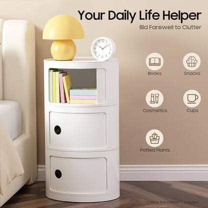 3 Tier Round Bedside Table, Round Storage Cabinet, Narrow Storage Cabinet for Bedroom Living Room Small Spaces (White) - color: White