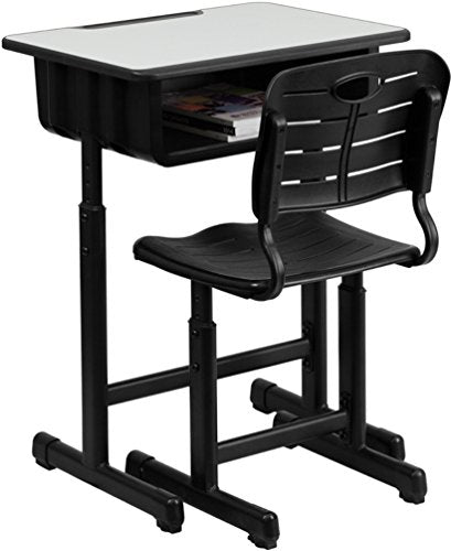 Flash Furniture Adjustable Student Desk and Chair Set for Classrooms or Remote Learning, Adjustable School Desk with Chair and Book Box, Gray/Black | Black Pedestal Frame, Adjustable , Commercial Use