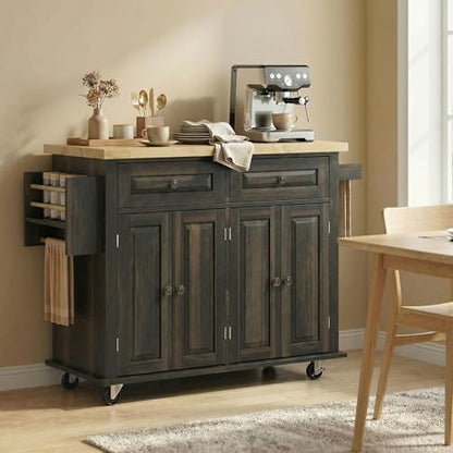 HOMCOM Kitchen Island Cart with Solid Wood Top 44" Mobile Brown Oak | Kitchen Island Table, on Wheels, Storage Cabinets, 2 Drawers, Adjustable Shelves, Spice Rack & Towel Bar, for Dining Room - color: Brown Oak