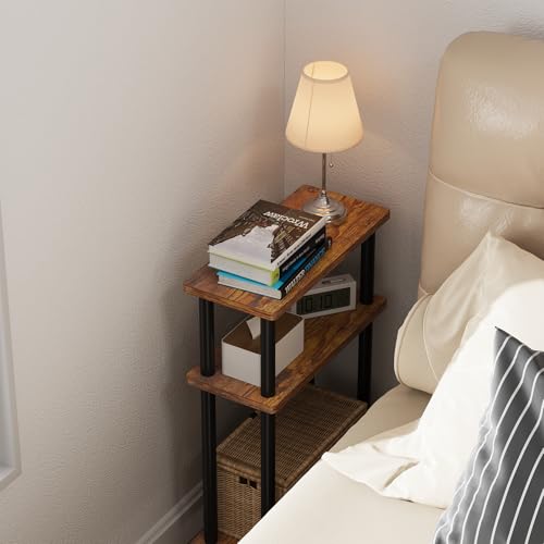 Apicizon Small Narrow Side Table, 3-Tier Skinny End Table for Small Spaces, Slim Nightstand with Storage Shelf, Bedside Table for Living Room, Bedroom, Rustic Brown and Black - color: Rustic Brown and Black, style: Narrow Side Table