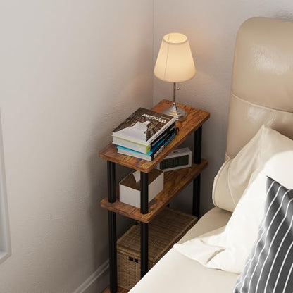 Apicizon Small Narrow Side Table, 3-Tier Skinny End Table for Small Spaces, Slim Nightstand with Storage Shelf, Bedside Table for Living Room, Bedroom, Rustic Brown and Black - color: Rustic Brown and Black, style: Narrow Side Table