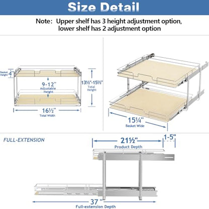 ROOMTEC 2 Tier Individual Pull Out Cabinet Organizer 16½"W x 21½"D, Slide Out Wood Shelves Organizers, Pull Out Drawers Organization and Storage for Kitchen Cabinet - size: 16½" W x 21½" D