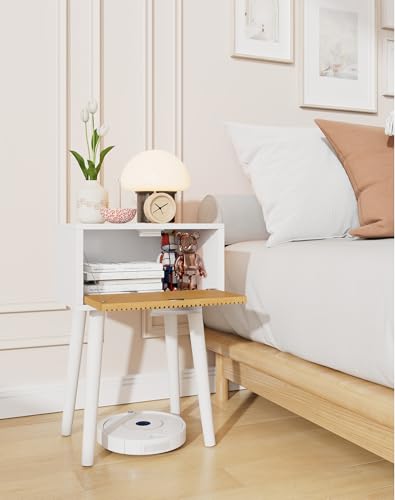 YMYNY Narrow Fluted Nightstand Set of 2, Small End Table, Modern Coffee Table with Drawer, Solid Wood Legs, Retaining Chain, for Bedroom and Small Spaces, White and Natural UHST014WN-2 - color: White and Natural