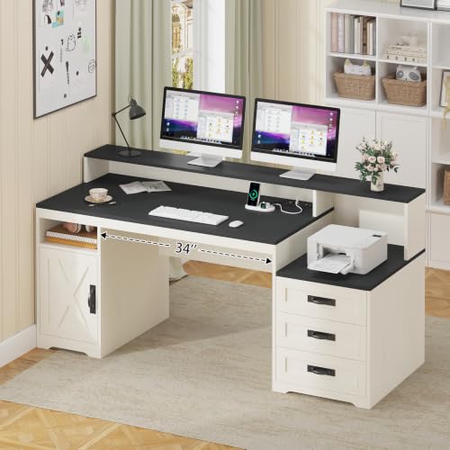 65" Farmhouse Computer Desk with Drawers and Printer Stand for Home Office | Office Desk with Power Outlets and Storage Cabinet, Study Writing Desks with Long Monitor Stand, Black and White - color: Black and White
